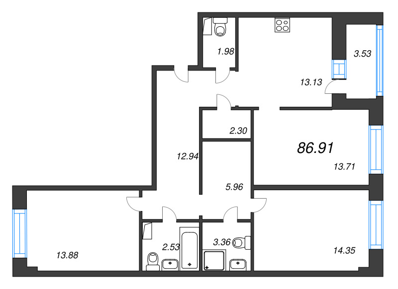 3 ккв 86,9 м²