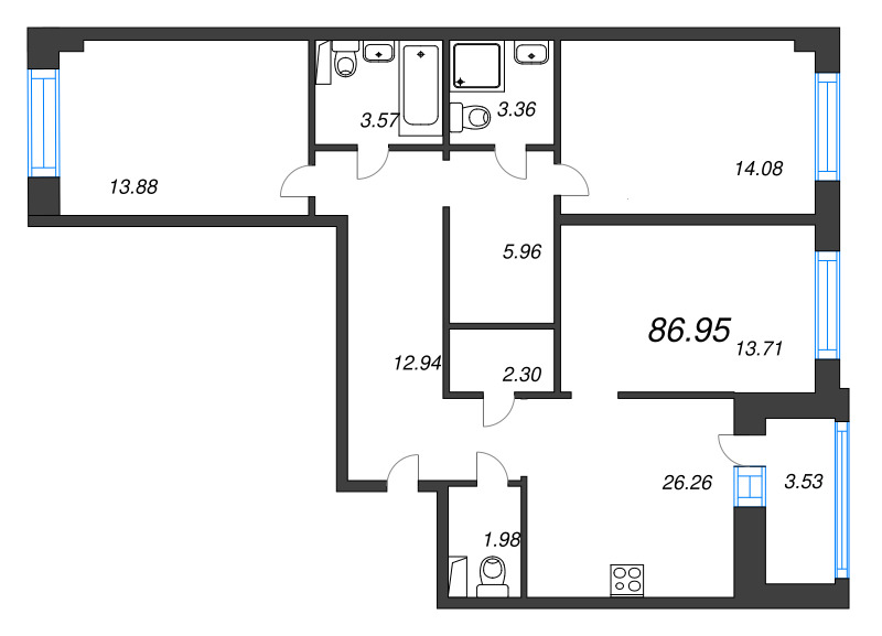 3 ккв 87 м²