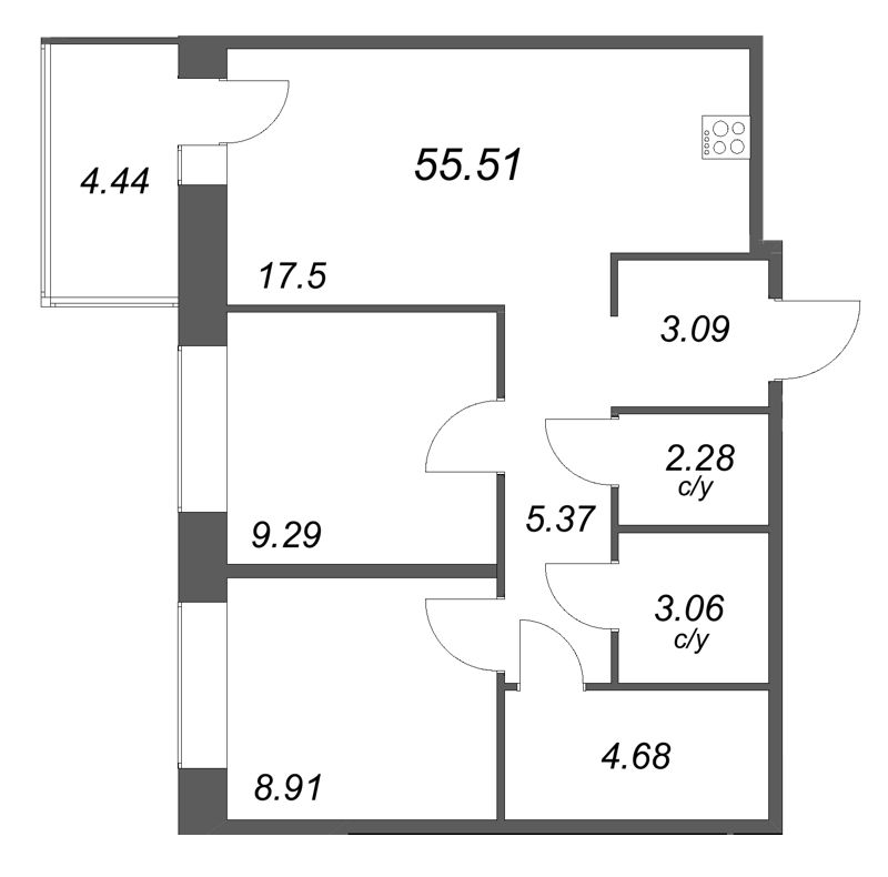 2 ккв 55,5 м²