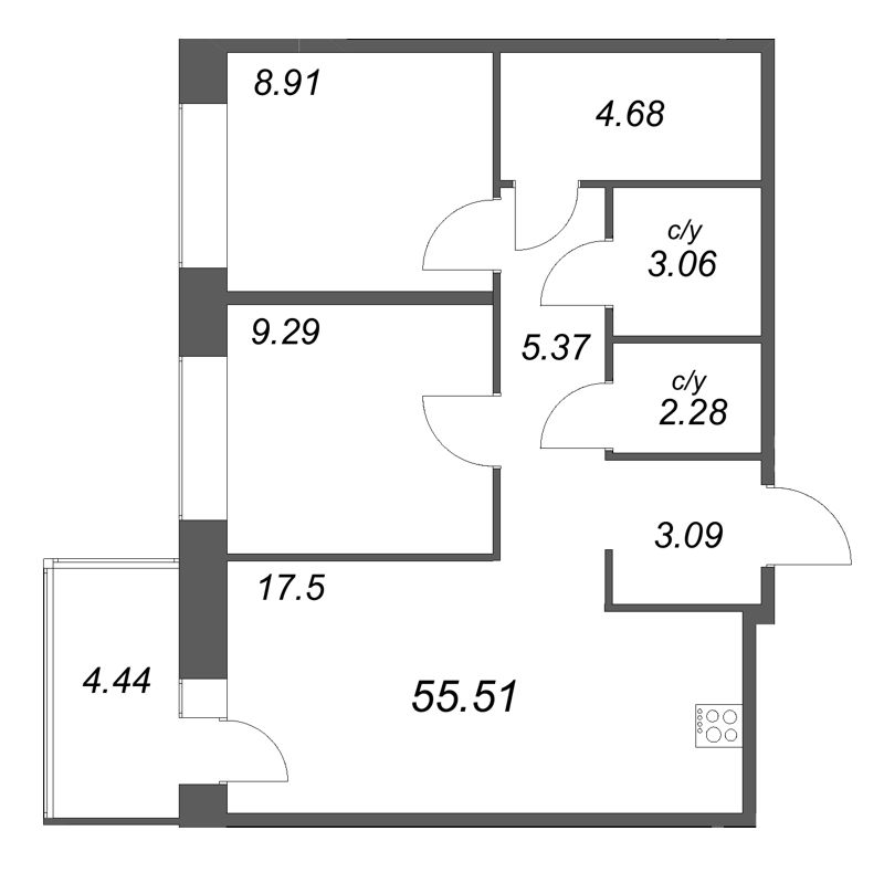 2 ккв 55,5 м²