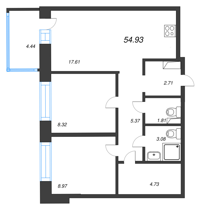 3 ккв (Евро) 54,9 м²