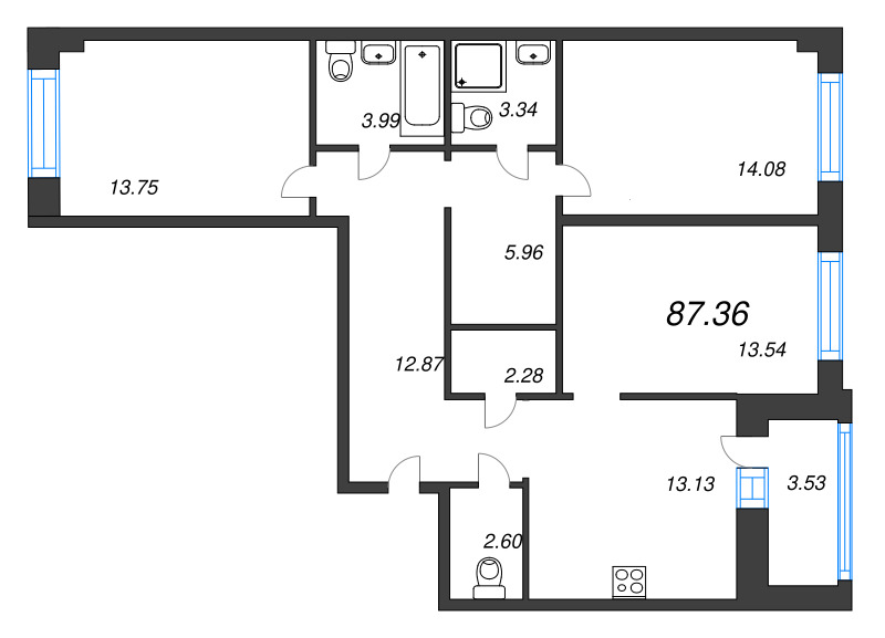 3 ккв 87,4 м²