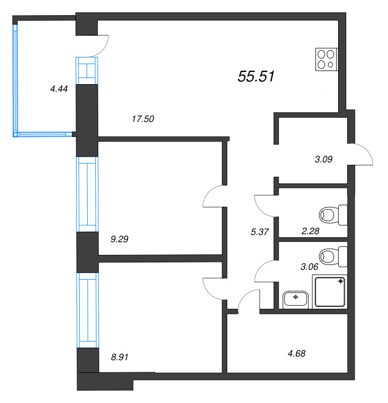 3 ккв (Евро) 55,5 м²