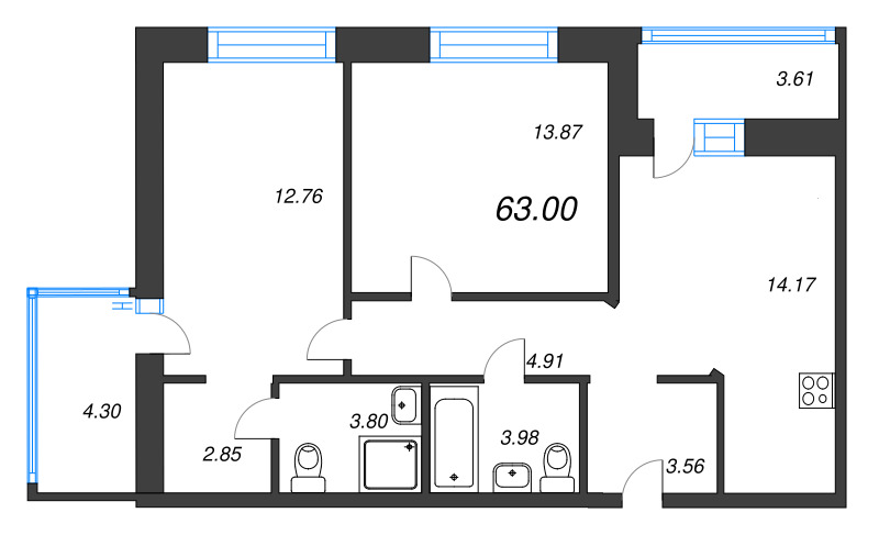 3 ккв (Евро) 63 м²