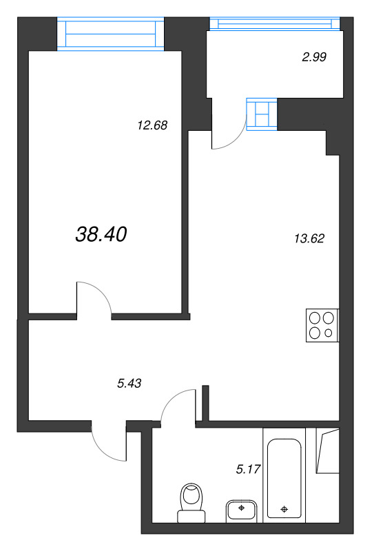 1 ккв 38,4 м²