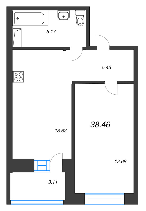 1 ккв 38,5 м²