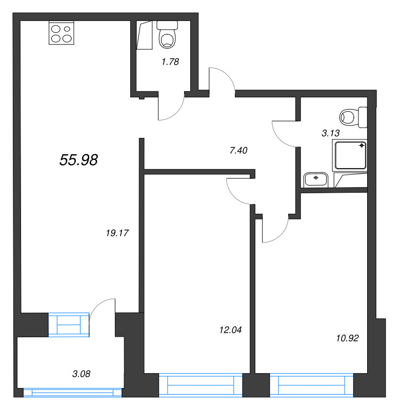 3 ккв (Евро) 56 м²