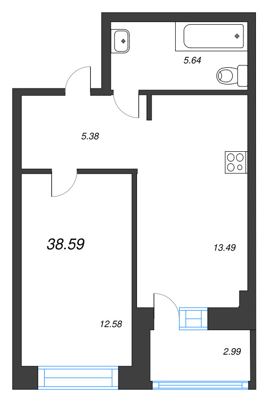 1 ккв 38,6 м²