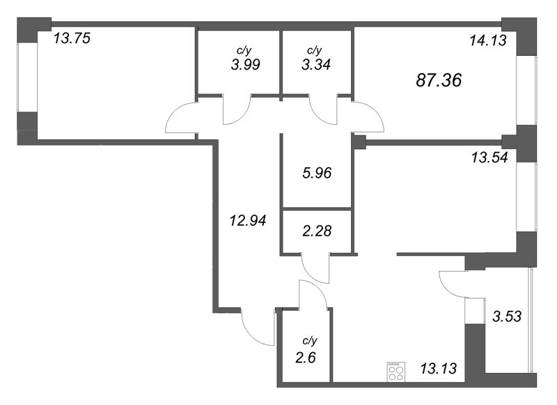 3 ккв 87,4 м²
