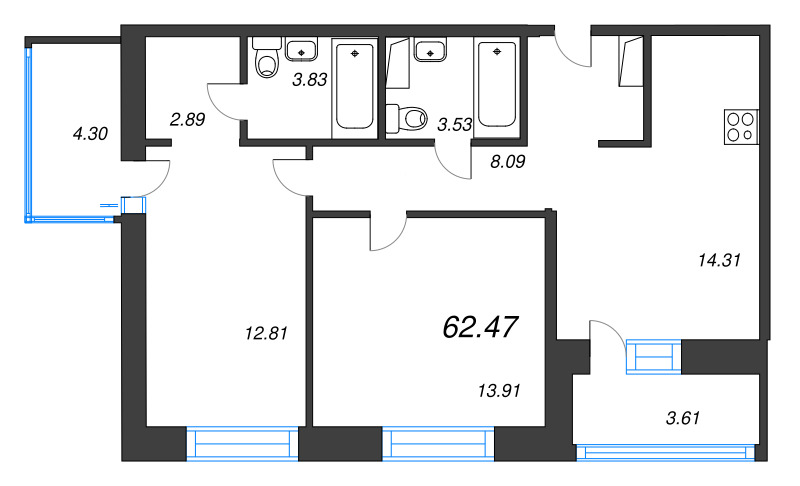3 ккв (Евро) 62,5 м²