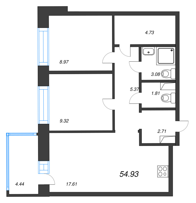 3 ккв (Евро) 54,9 м²