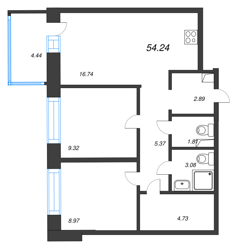 3 ккв (Евро) 54,2 м²
