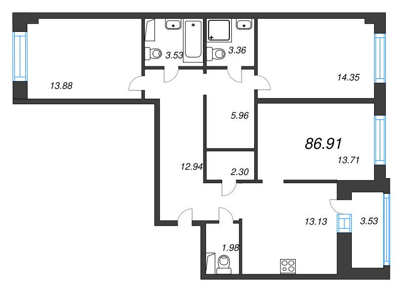 3 ккв 86,9 м²