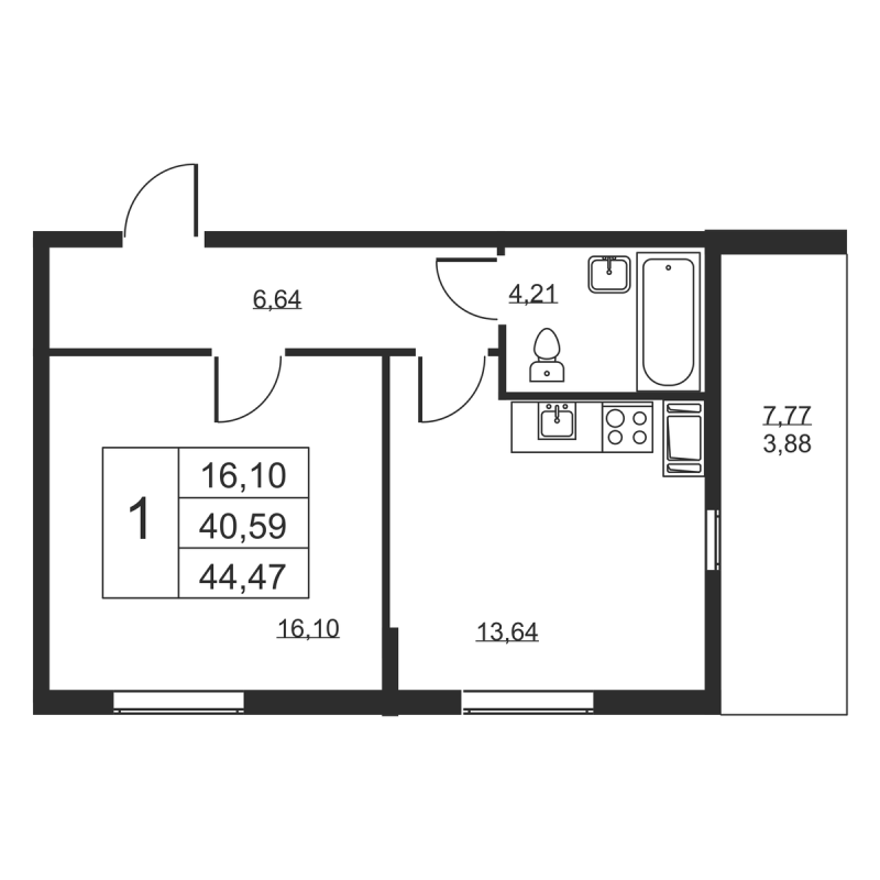 1 ккв 44,5 м²