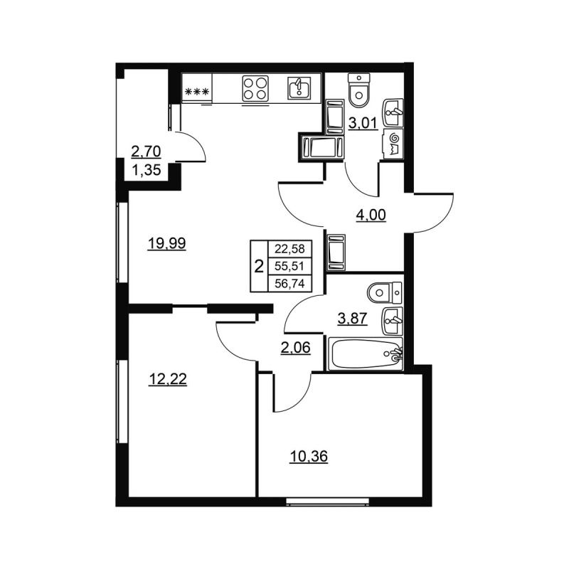 3 ккв (Евро) 56,7 м²