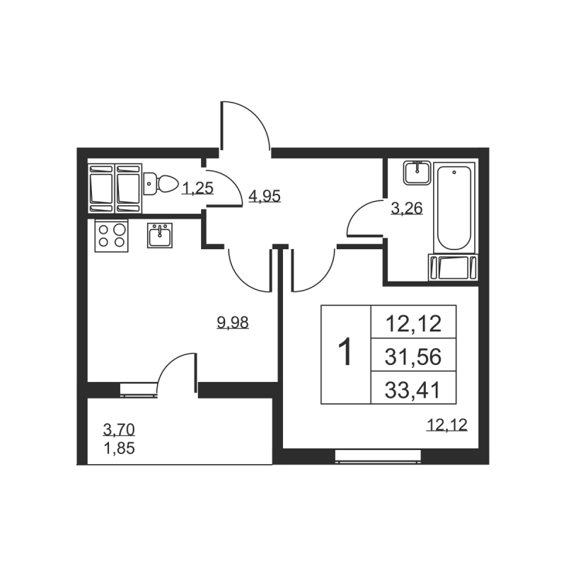 1 ккв 33,4 м²