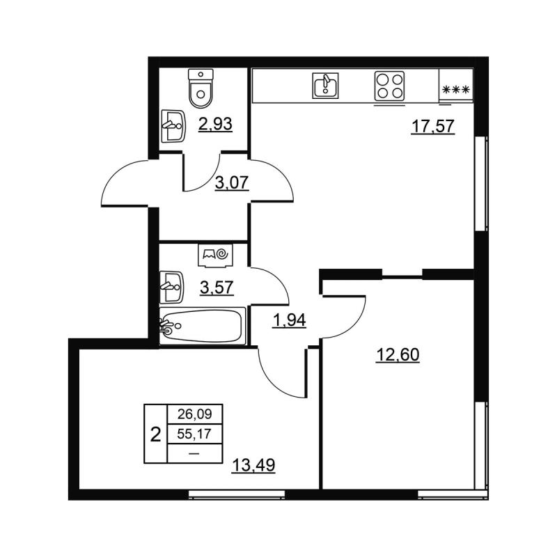 3 ккв (Евро) 55,2 м²