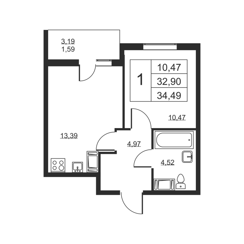 1 ккв 34,5 м²