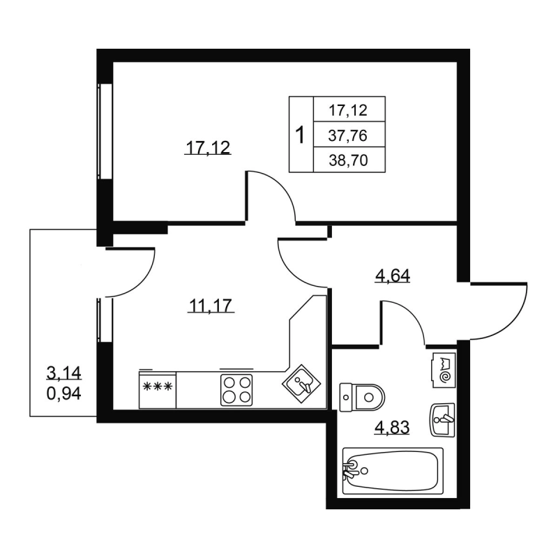 1 ккв 38,7 м²
