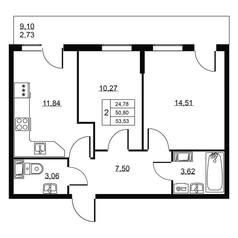 2 ккв 53,5 м²
