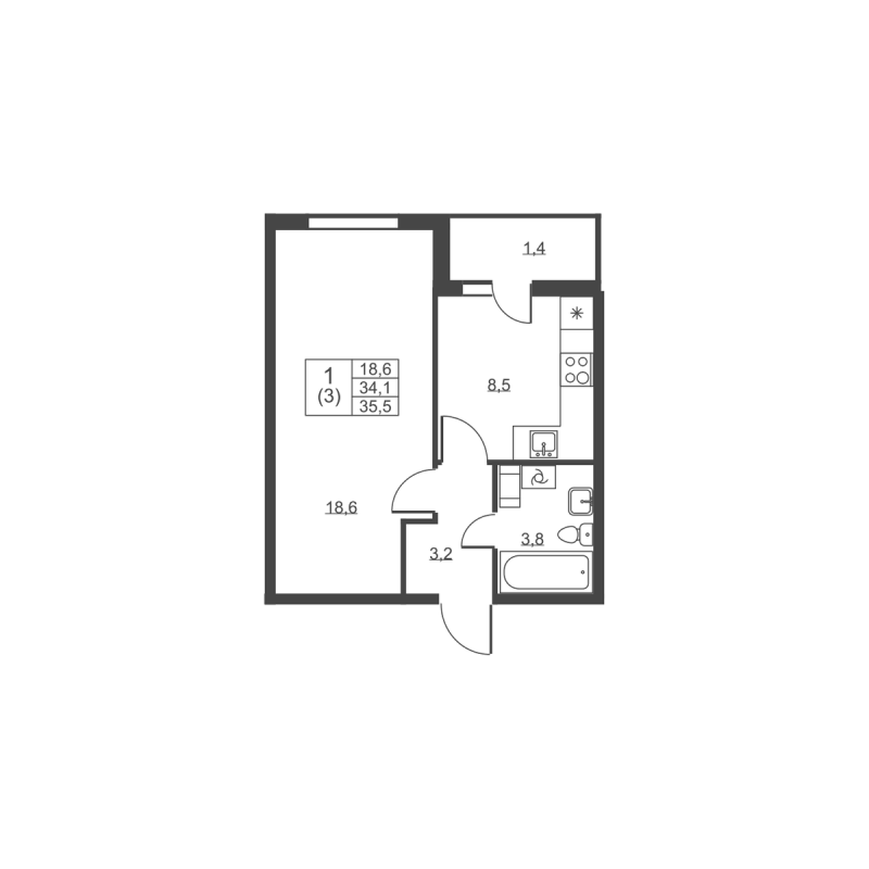 1 ккв 35,5 м²