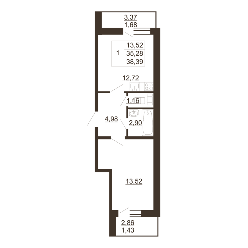 1 ккв 38,4 м²