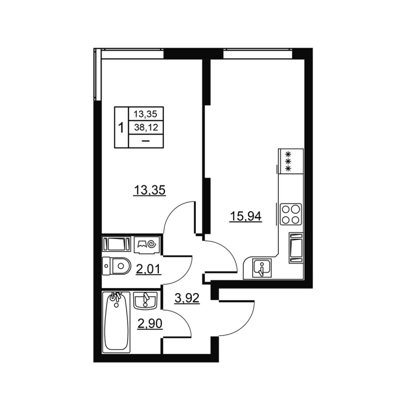 2 ккв (Евро) 38,1 м²