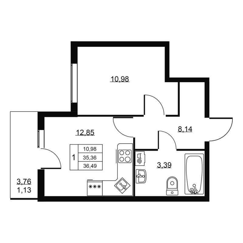 1 ккв 36,5 м²