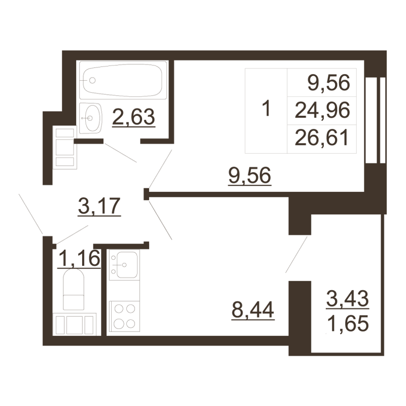 1 ккв 26,6 м²
