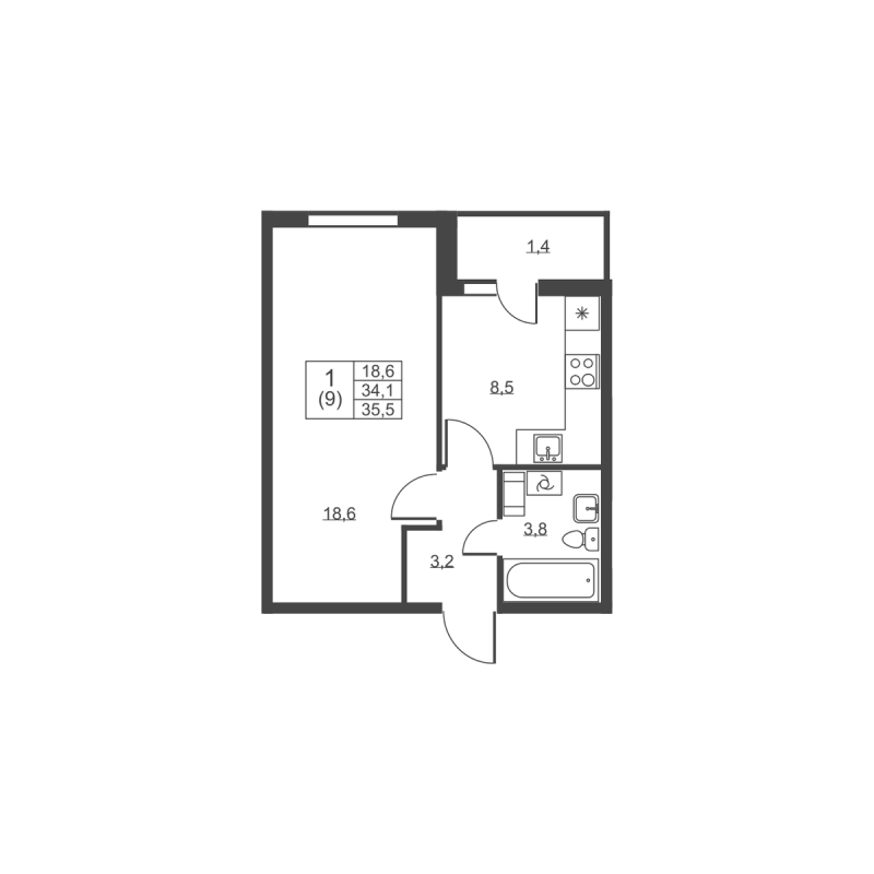 1 ккв 35,5 м²