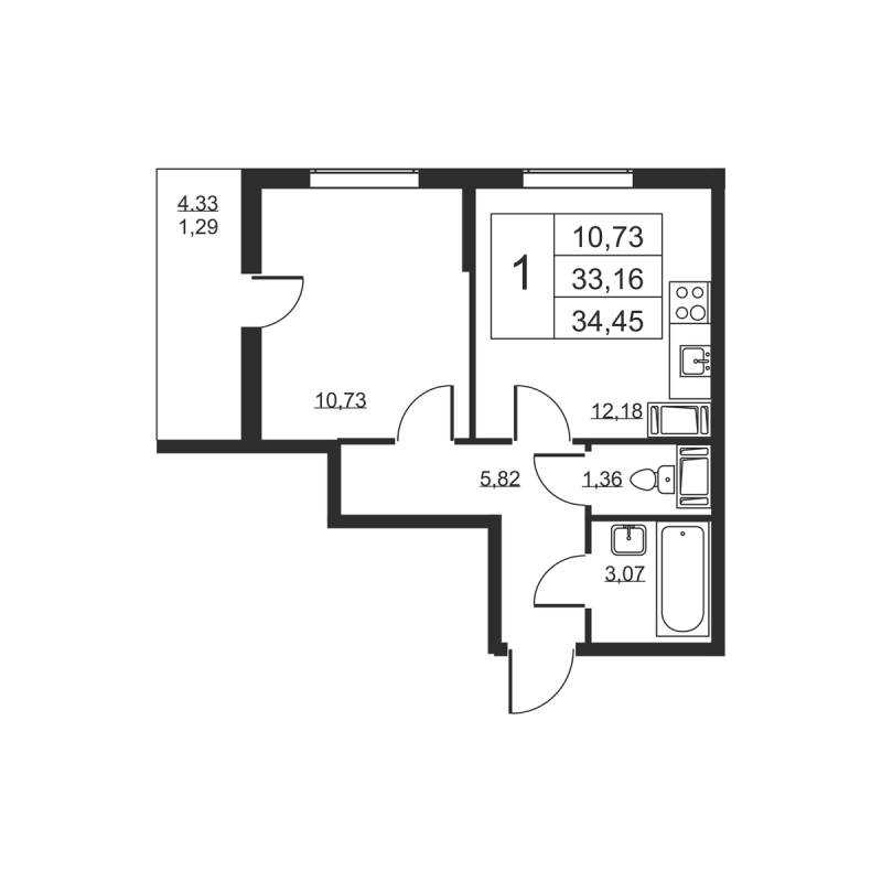 1 ккв 34,5 м²