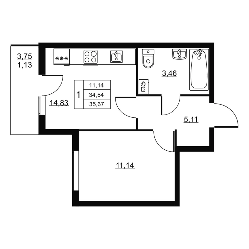 1 ккв 35,7 м²