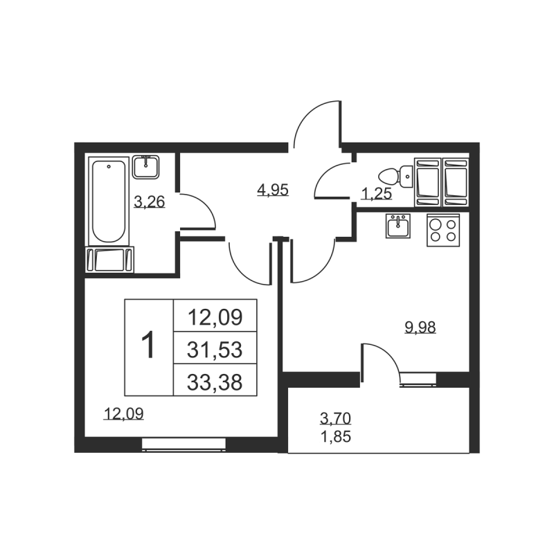 1 ккв 33,4 м²