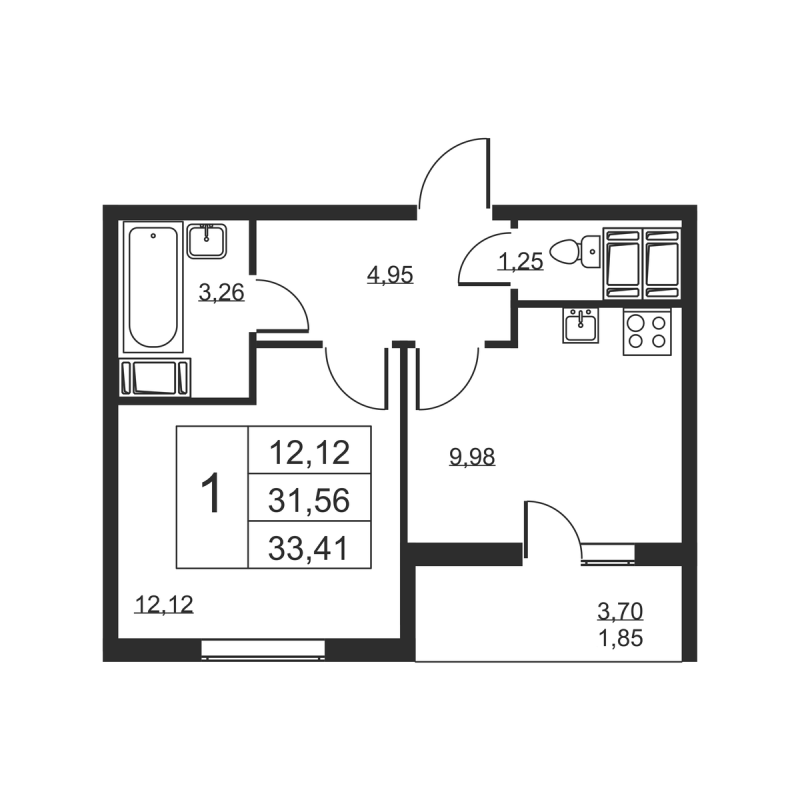 1 ккв 33,4 м²