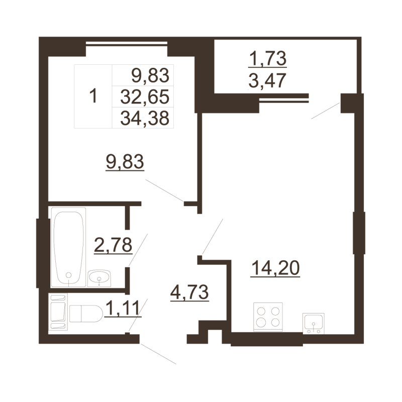 1 ккв 33,8 м²