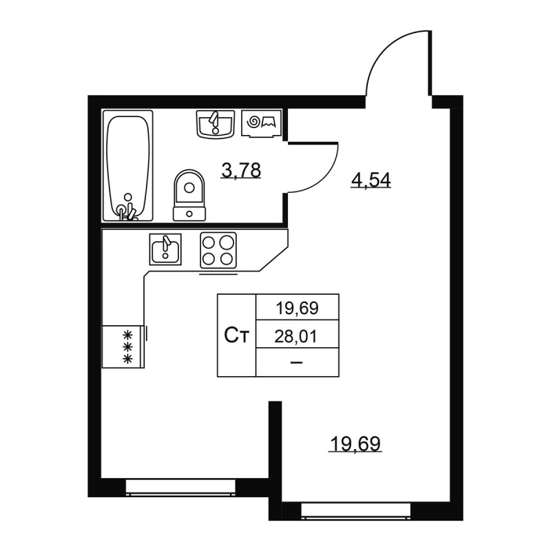 Студия 28 м²
