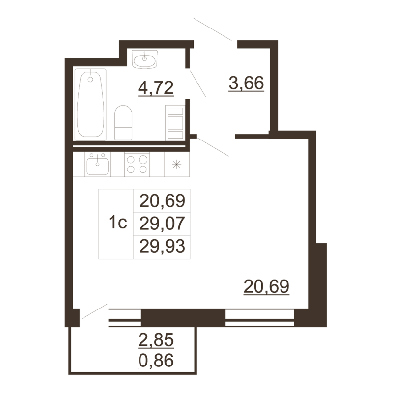 Студия 29,9 м²