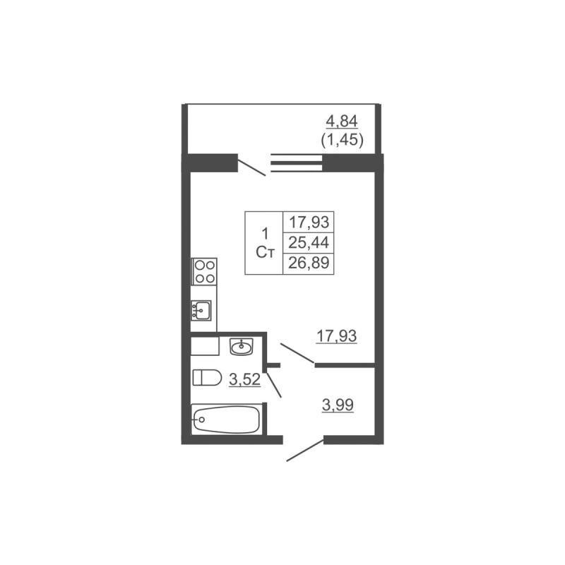 Студия 25,4 м²