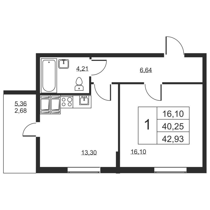 1 ккв 42,9 м²