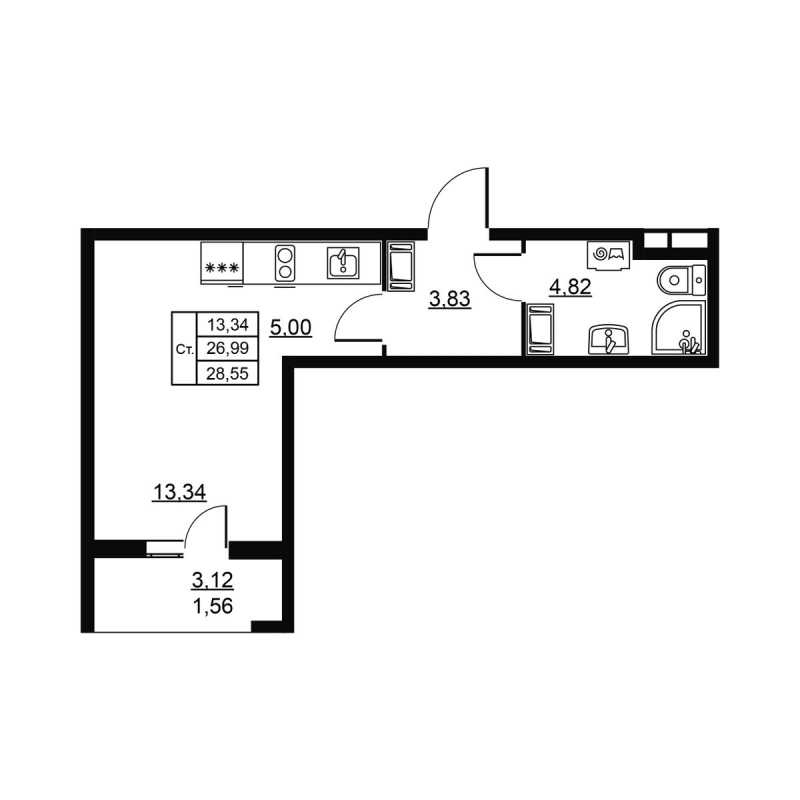 Студия 28,6 м²