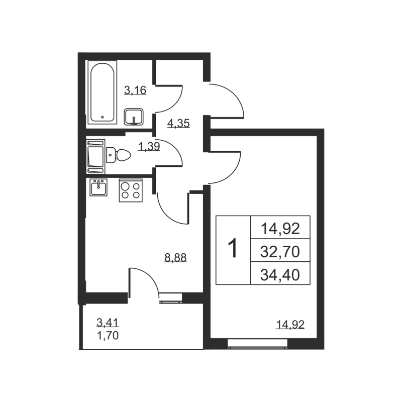 1 ккв 34,4 м²