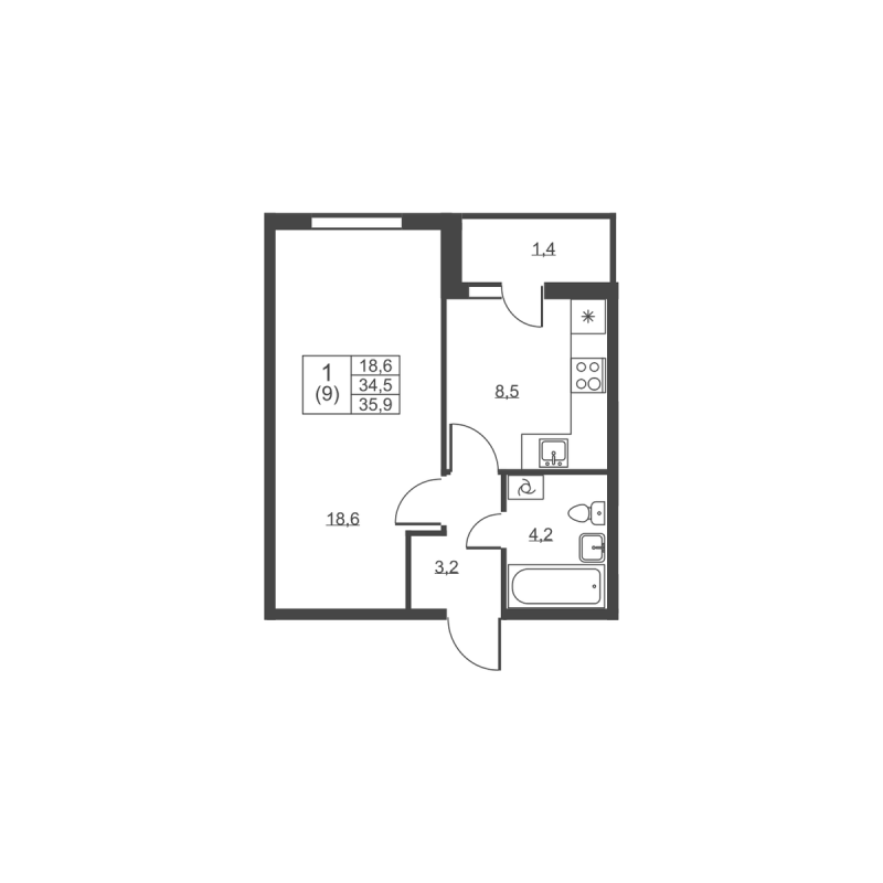1 ккв 35,9 м²