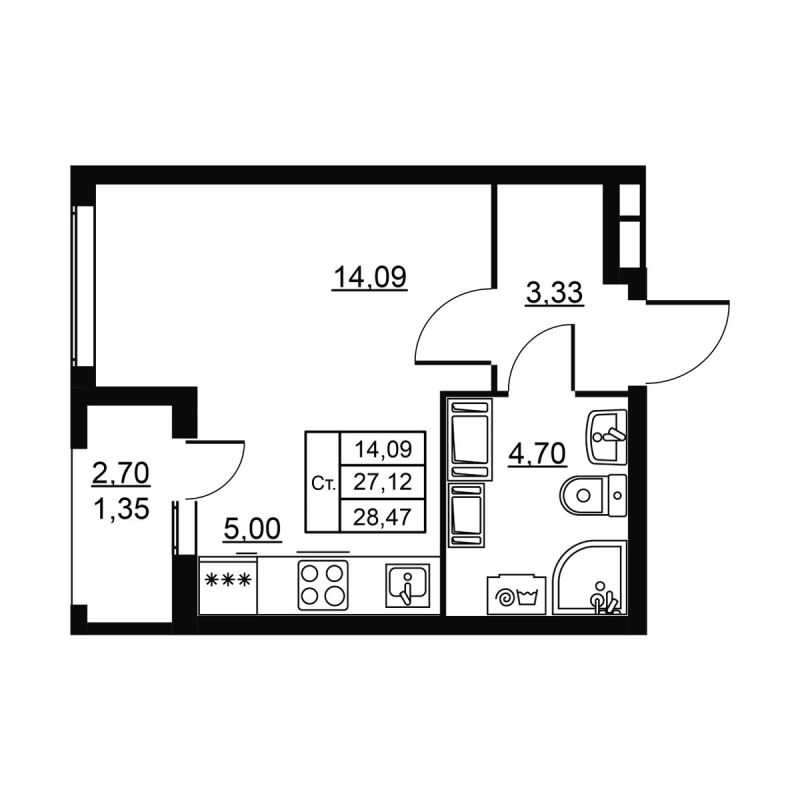 Студия 28,5 м²