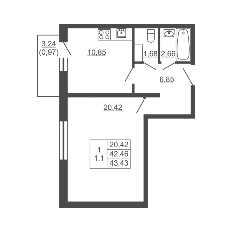 1 ккв 42,1 м²