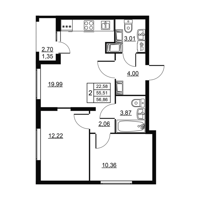 3 ккв (Евро) 56,9 м²