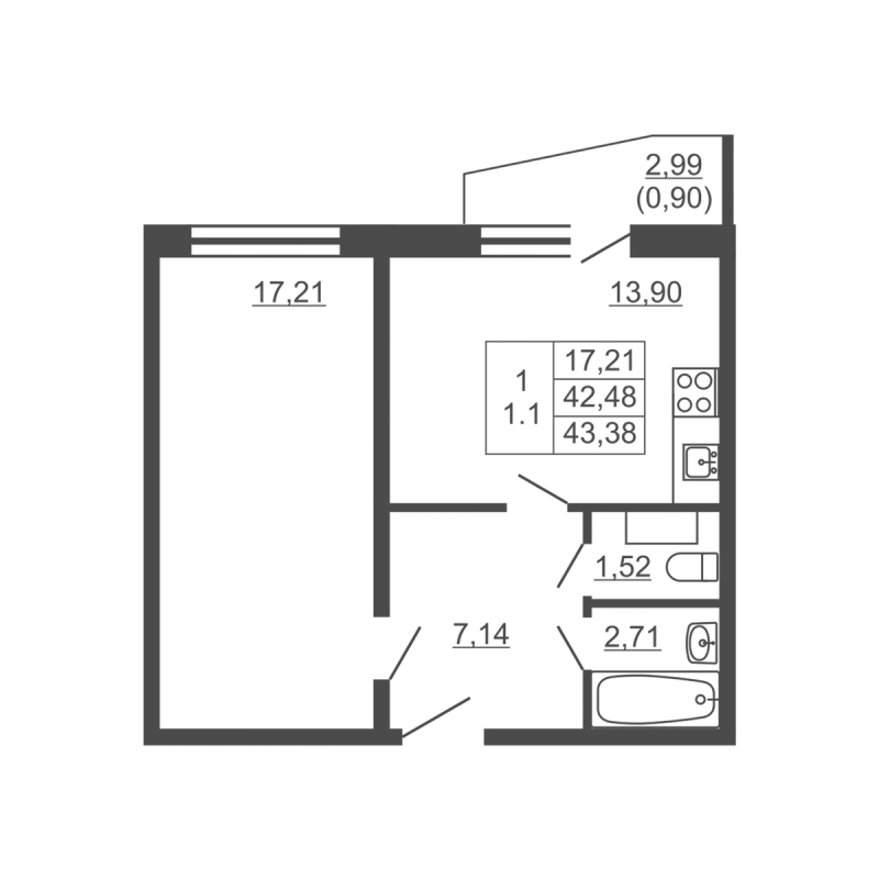 1 ккв 42,5 м²