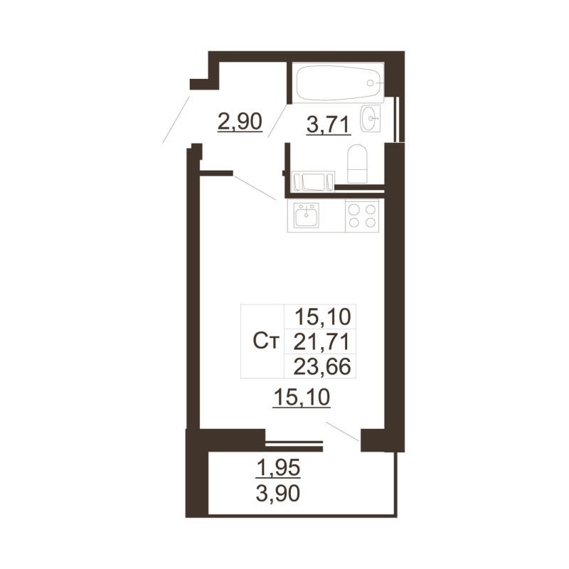 Студия 21,9 м²