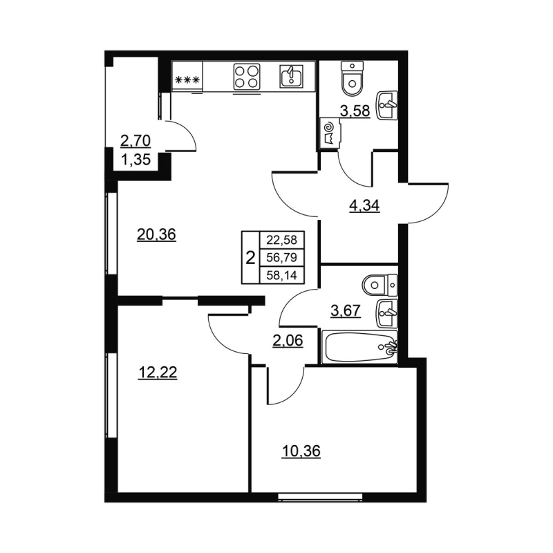 3 ккв (Евро) 58,1 м²
