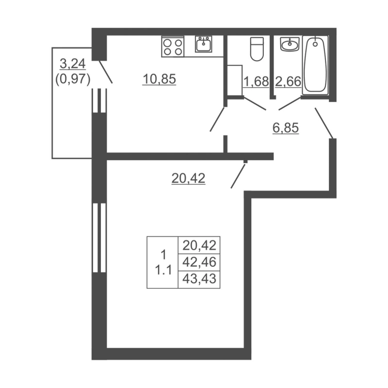 1 ккв 42,8 м²