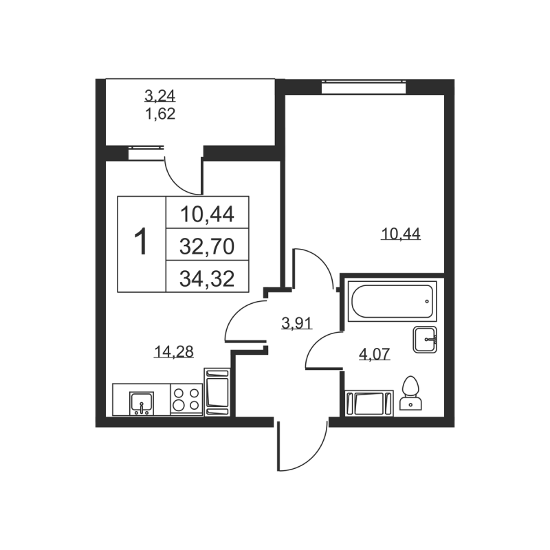 1 ккв 34,3 м²